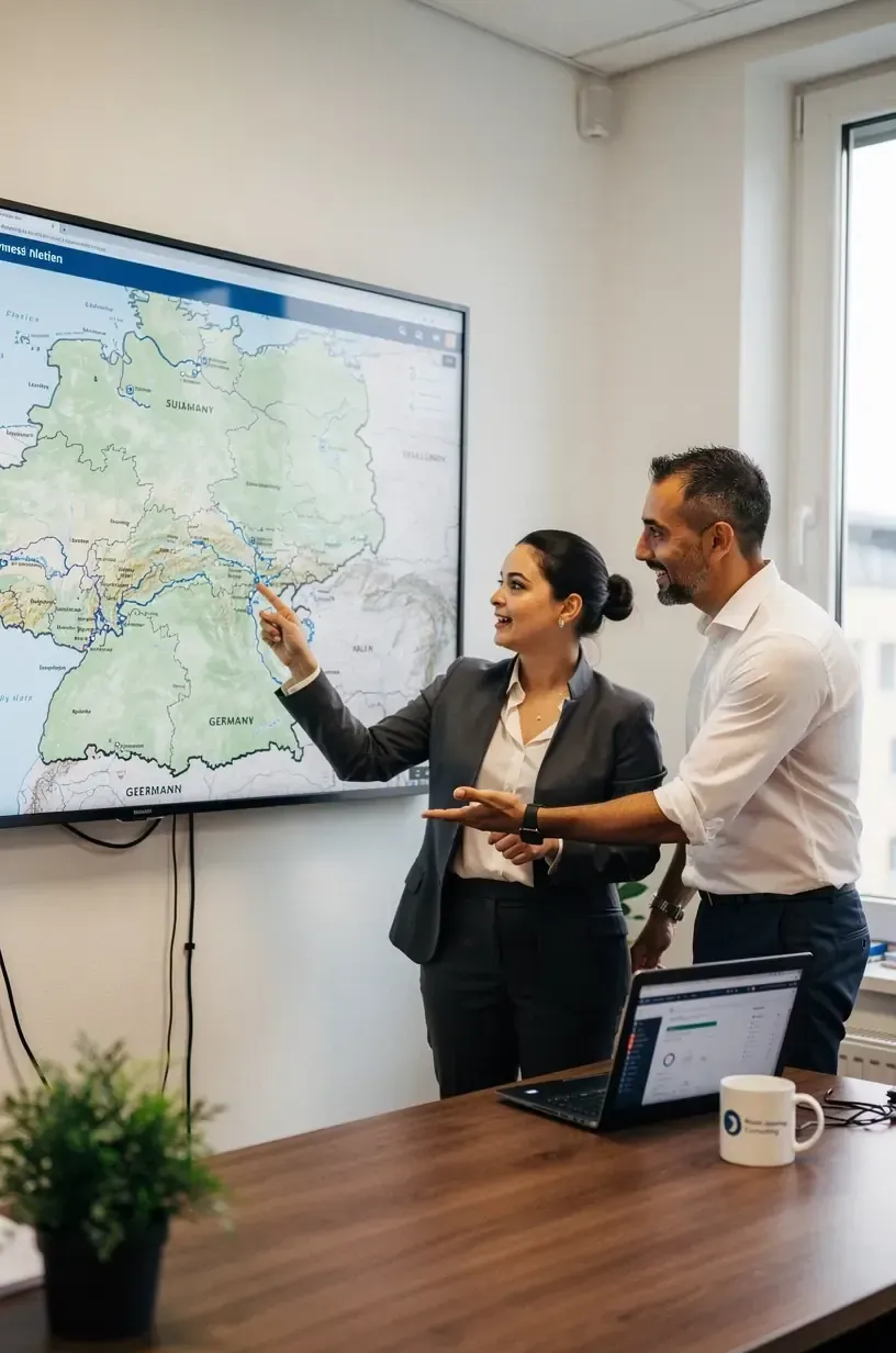 Flusskreuzfahrtschiff auf dem Main mit malerischer Landschaft im Hintergrund während der Planung.