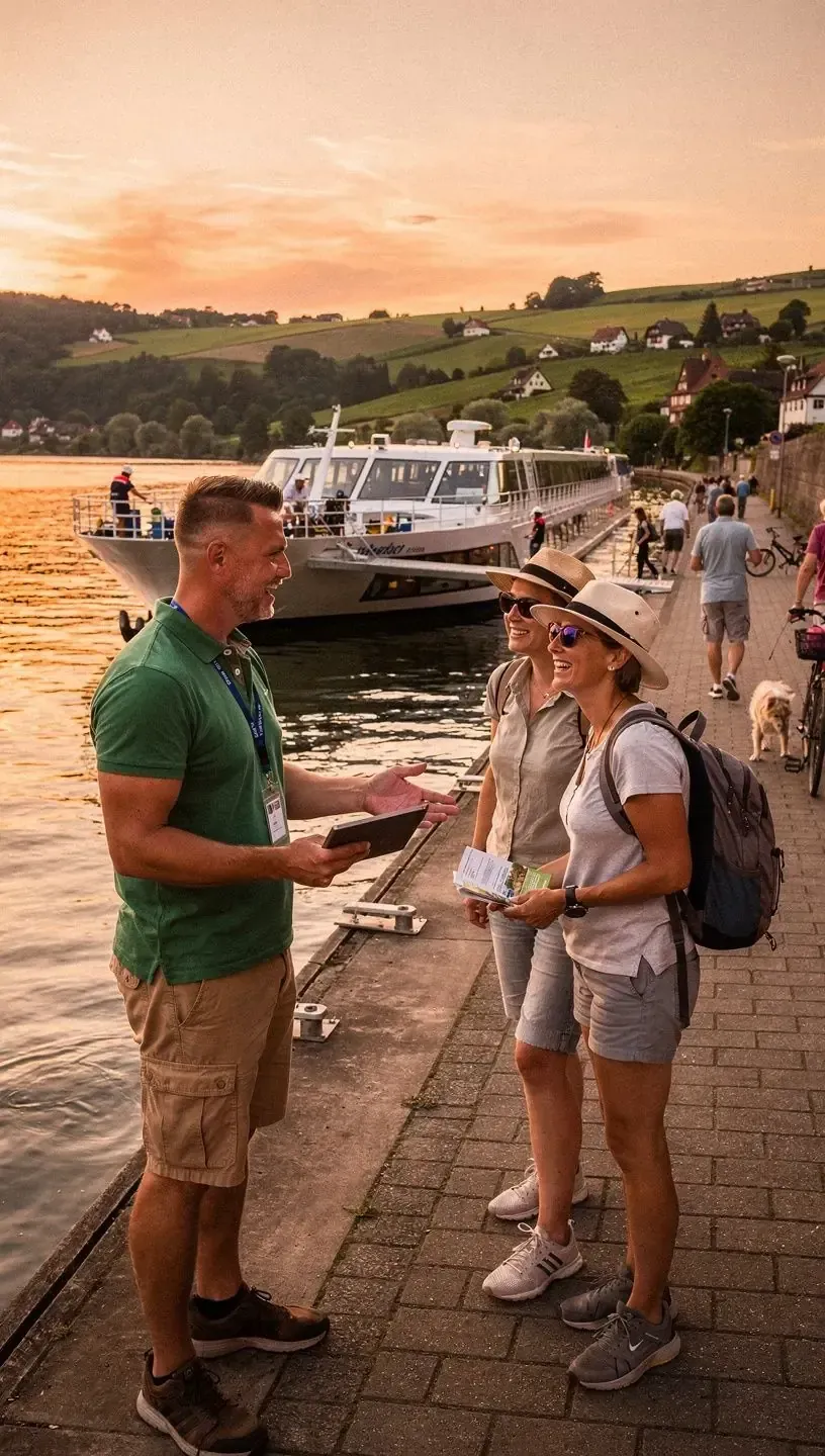Infostand mit Flyern und Broschüren zu Flusskreuzfahrten und touristischen Highlights in Deutschland.