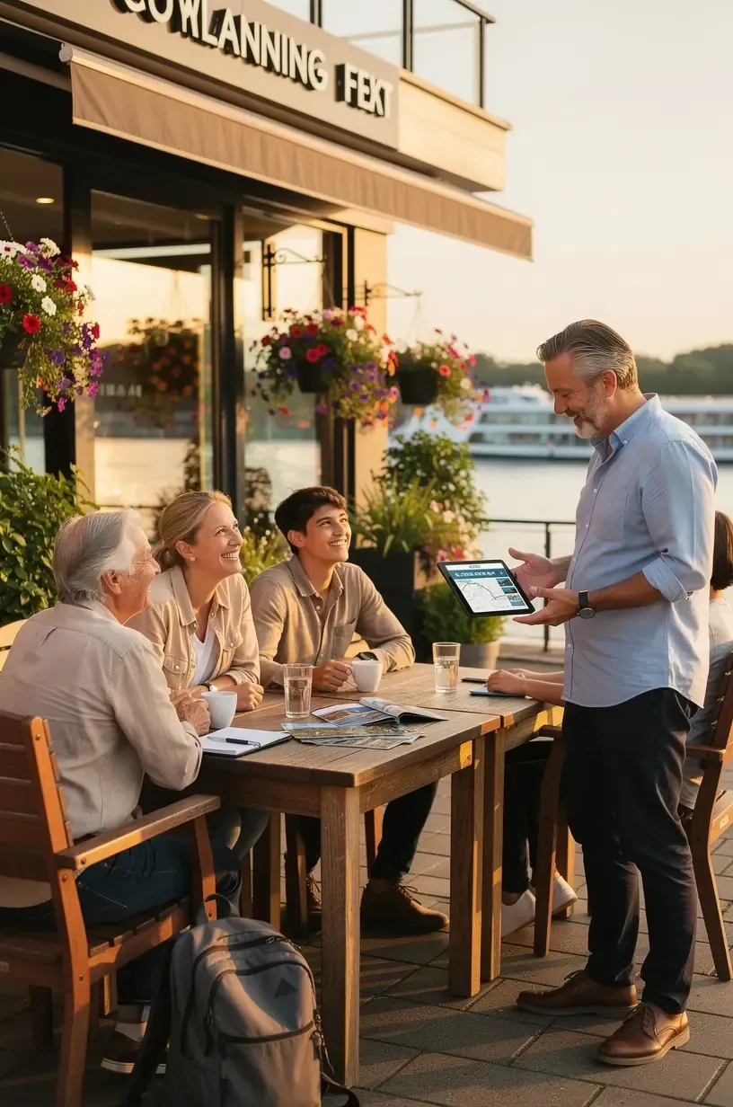 Mitarbeiter erklärt die Routenoptionen für eine Flusskreuzfahrt entlang des Rheins in einem modernen Büro.
